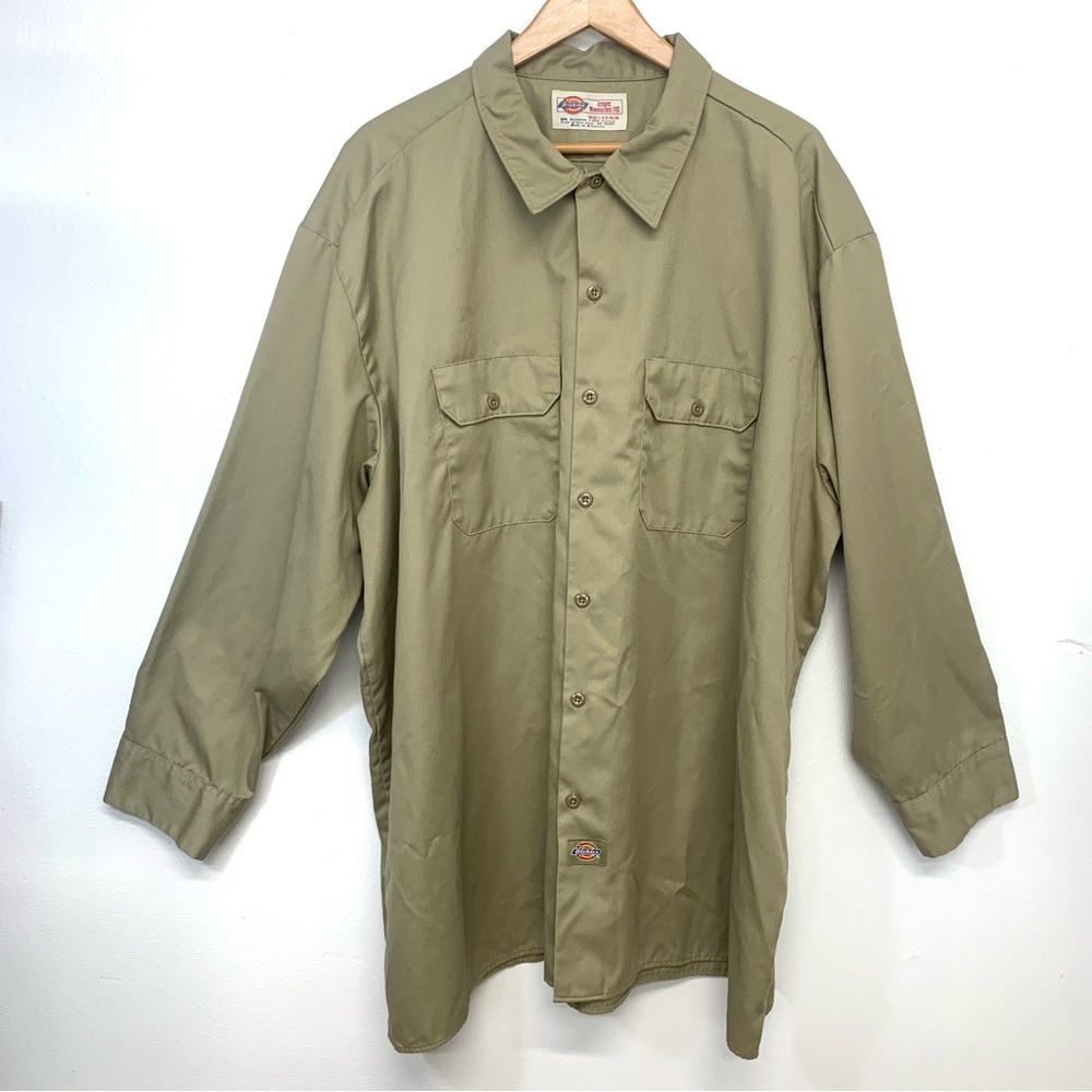 Dickies Work Shirt Men 2X Long Sleeve Button Up Utility Khaki Pockets Casual